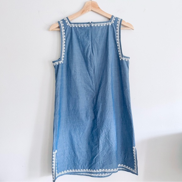 Tory Burch Embroidered Chambray Sleeveless Shift Dress Indigo Chambray Ivory, S - Picture 2 of 11